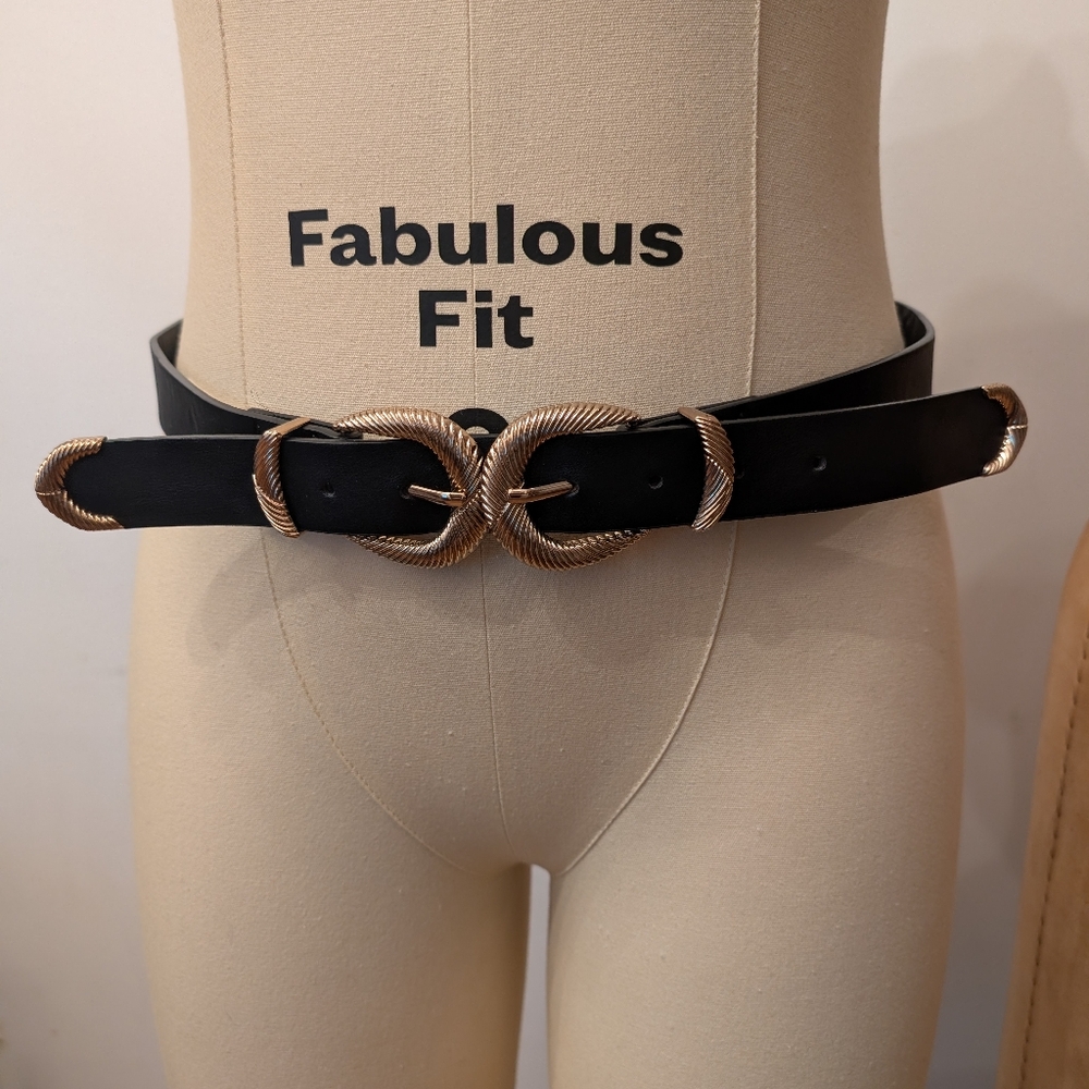 Black and Gold Women's Belt Western Style Double Buckle Primark Sz L